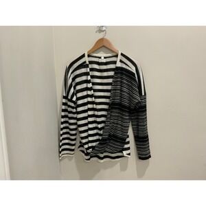Margaret O'Leary Striped Draped Cardigan Sweater Black White Linen Blend